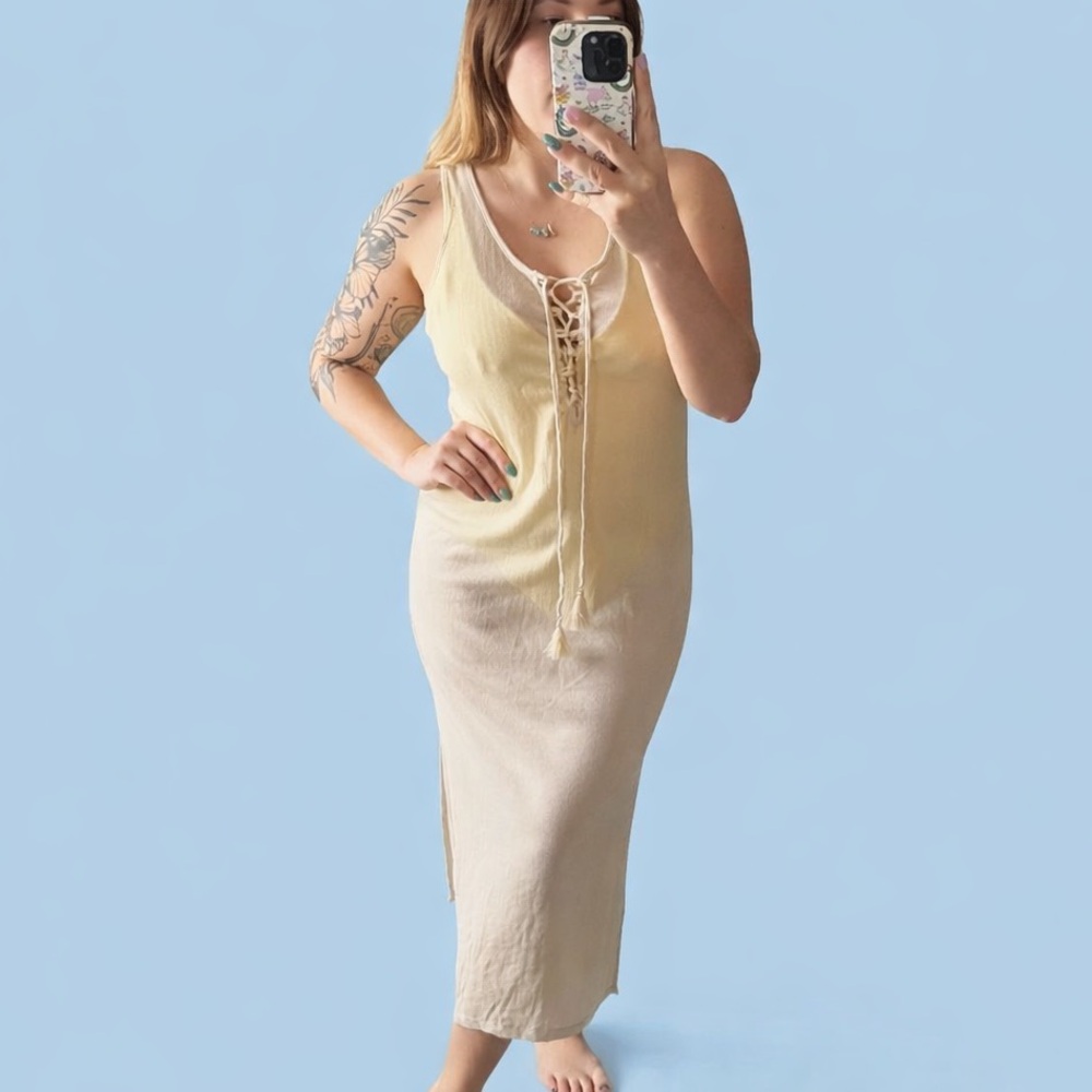 Saint Tropez Sheer light tan and gold lace up swim coverup dress